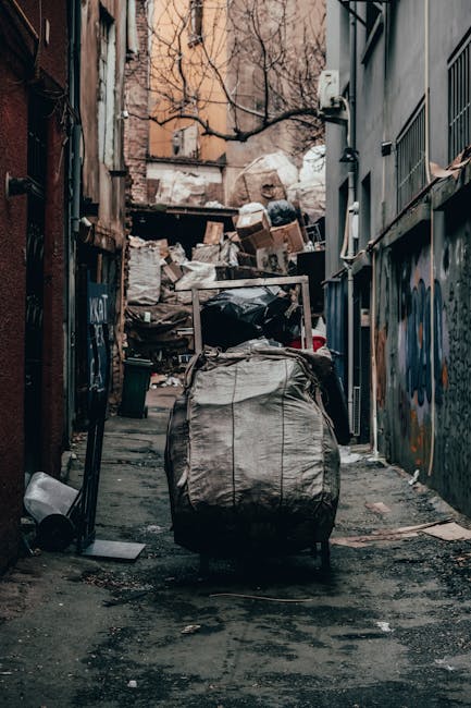 A person wearing a plaid shirt in shades of orange, gray, and blue, paired with a green shirt underneath and gray trousers secured with a brown belt, is holding an open black rubbish bag lined with a 